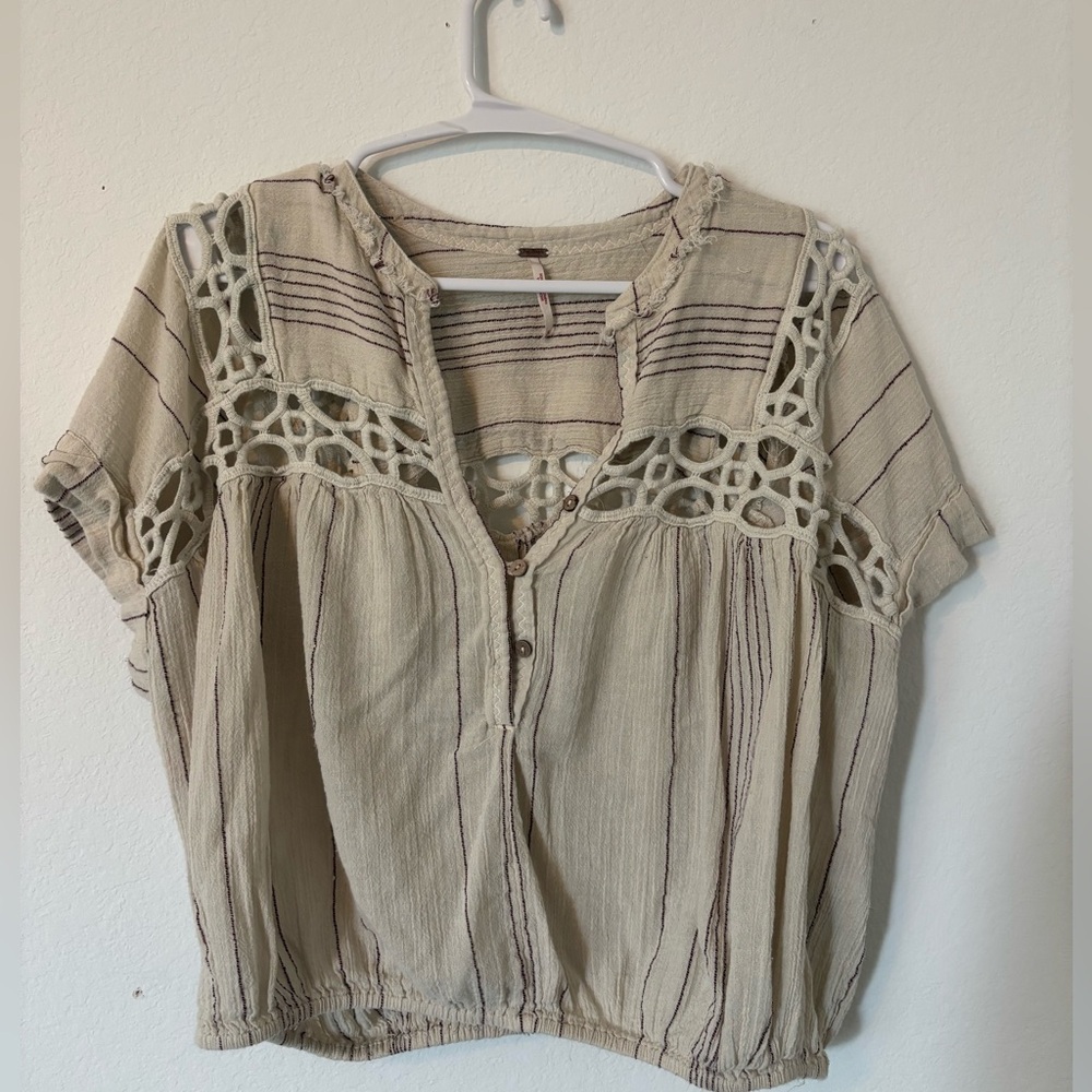 Free People Cream Stripe Crochet Yoke Short Sleeve Top